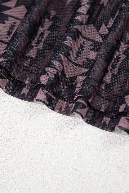 Brown Aztec Print Mock Neck Short Sleeve Mesh T Shirt