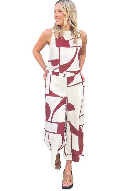 White Abstract Printed Button Back Vest and Wide Leg Pants Set - Chic Meadow Boutique 