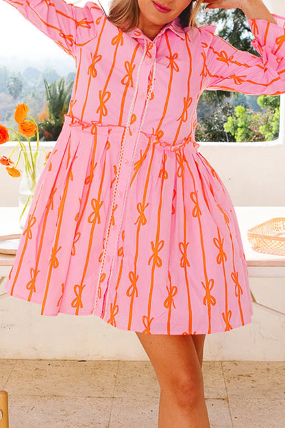 Pink Bowknot Striped Printed Tiered Ruffled Mini Shirt Dress - Chic Meadow Boutique 