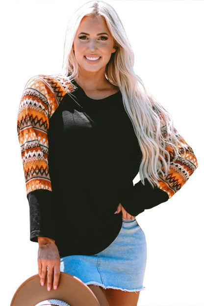 Tops/Long Sleeve Tops Orange Geo Print Raglan Patchwork Long Sleeve Tee