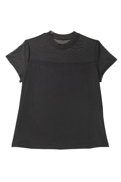 Black Plus Size Sheer Mesh Panel Short Sleeve Top