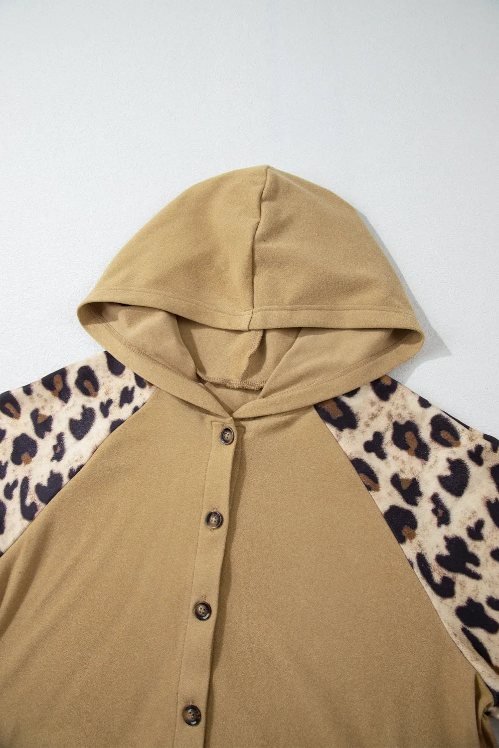 Light French Beige Leopard Print Patchwork Raglan Sleeve Half Buttons Hoodie - Chic Meadow Boutique 