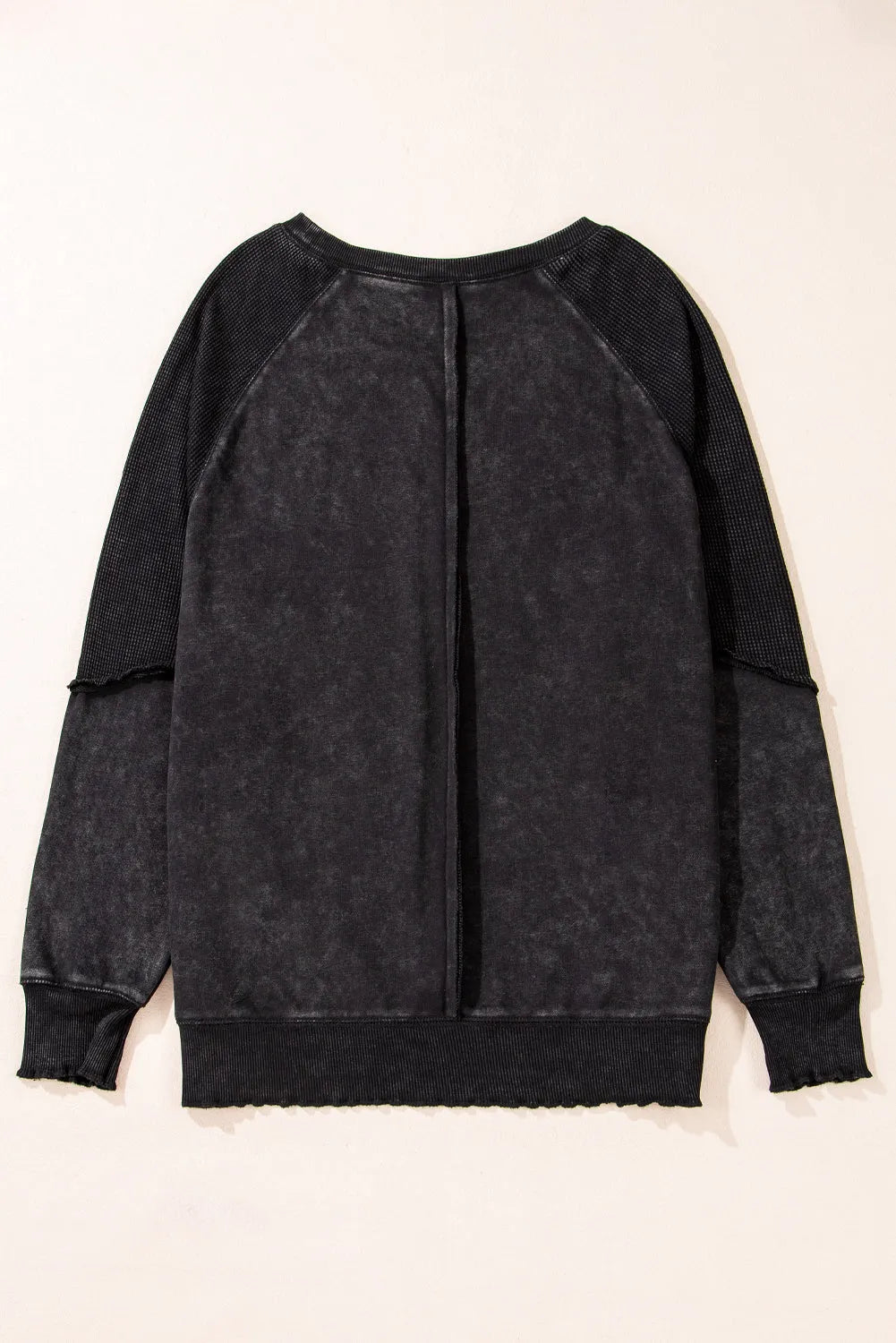 Black Solid Waffle Knit Patchwork Raglan Sleeve Sweatshirt - Chic Meadow Boutique 