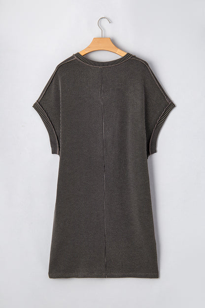 Carbon Grey Corded V Neck Plus Size T Shirt Dress with Pockets