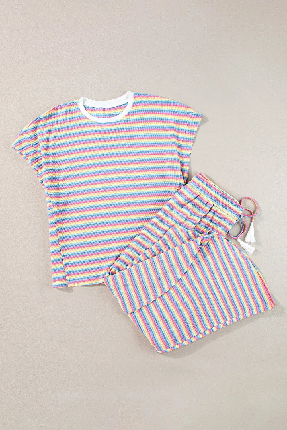 Pink Stripe Rainbow Tee Tasseled String Wide Leg Pants Set - Chic Meadow Boutique 