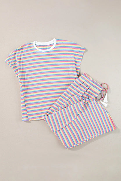 Pink Stripe Rainbow Tee Tasseled String Wide Leg Pants Set - Chic Meadow Boutique 