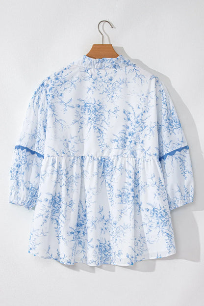 Sky Blue Floral 3/4 Sleeve Tied Collar Blouse - Chic Meadow Boutique 