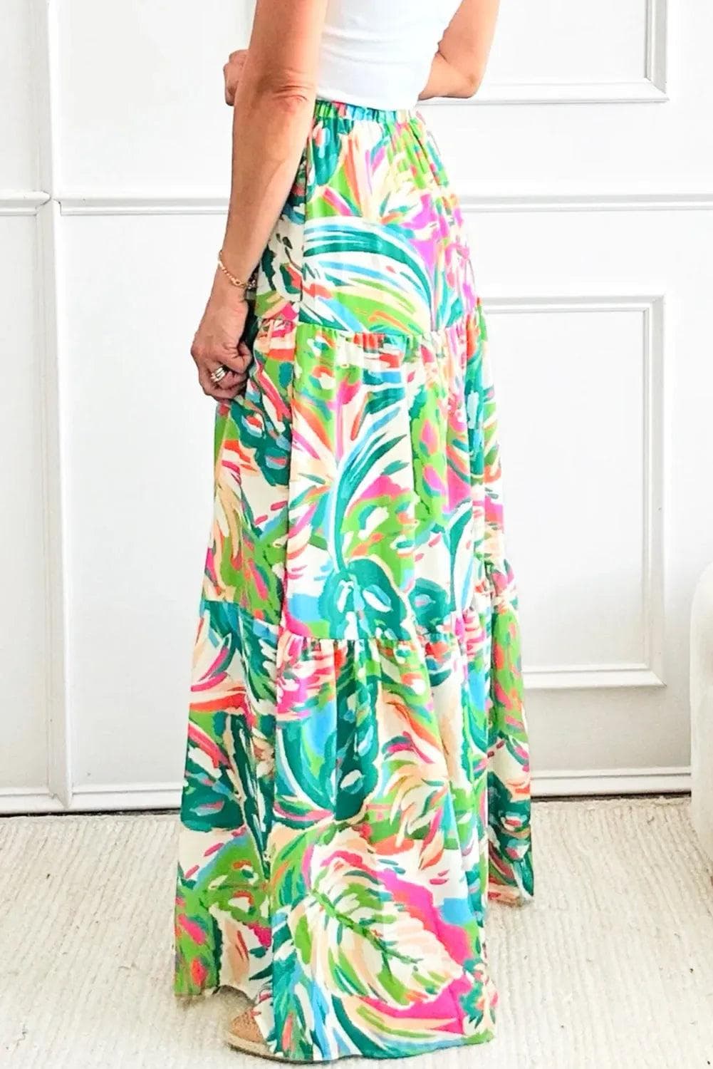 Bottoms/Skirts & Petticoat Green Abstract Printed High Waist Tiered Maxi Skirt