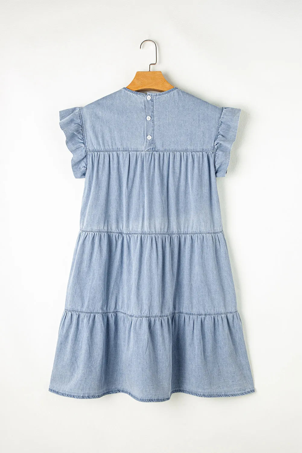 Beau Blue Ruffle Short Sleeve Tiered A-line Denim Dress - Chic Meadow Boutique 