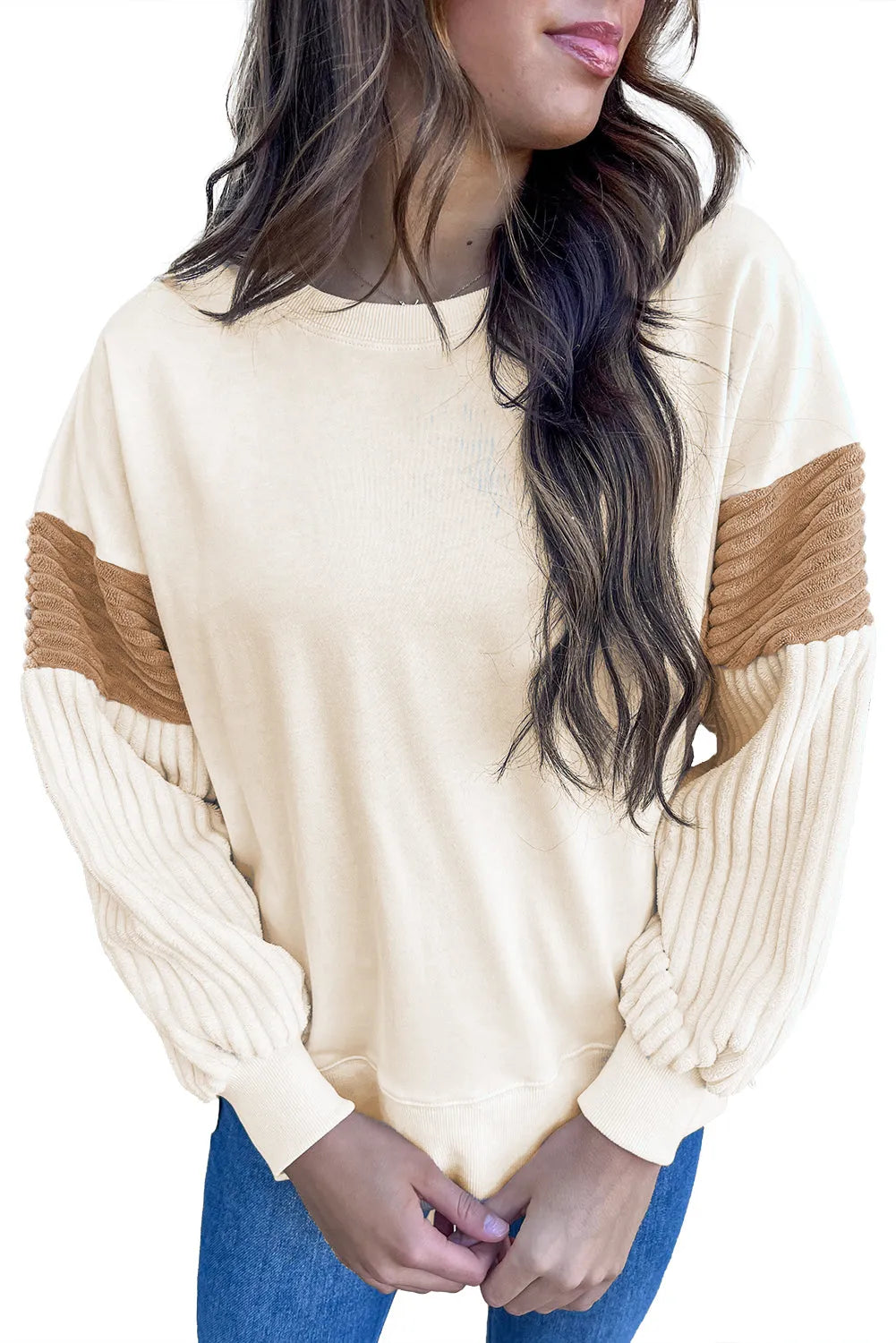 Apricot Corduroy Patchwork Drop Shoulder Long Sleeve Sweatshirt - Chic Meadow Boutique 