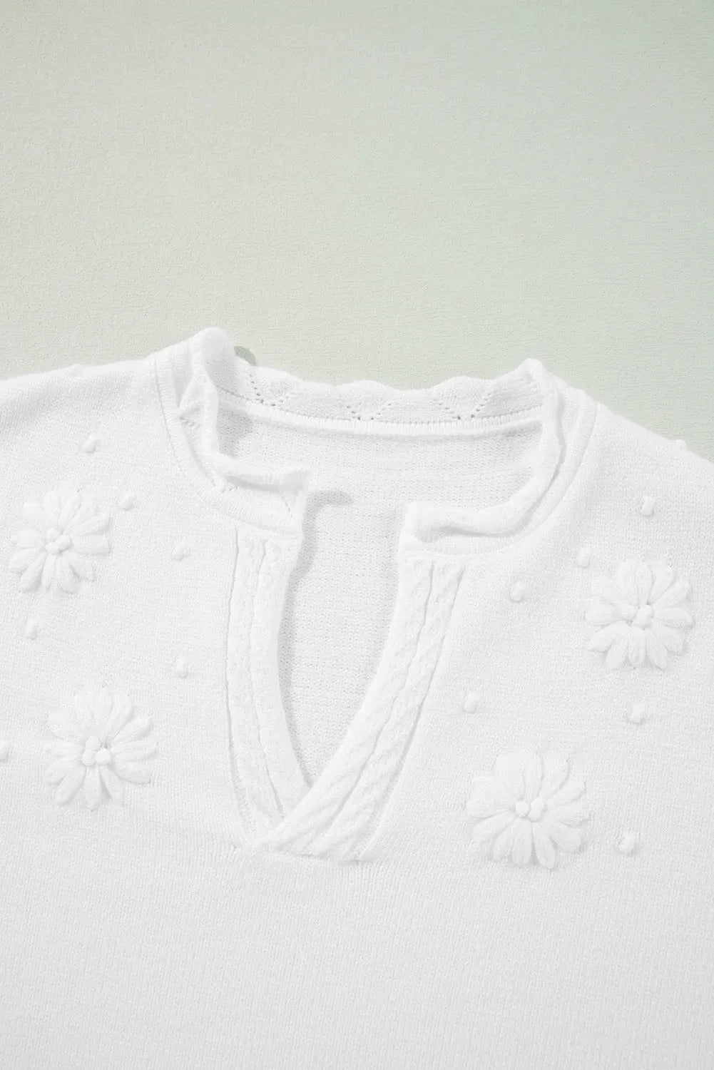 White Flower Detail Knitted Notched Neck Sweater - Chic Meadow Boutique 