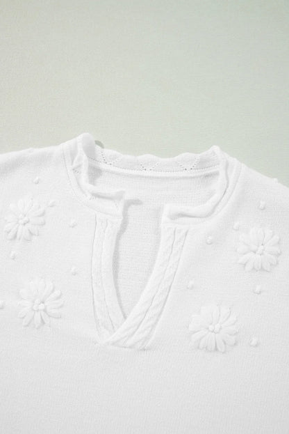 White Flower Detail Knitted Notched Neck Sweater - Chic Meadow Boutique 