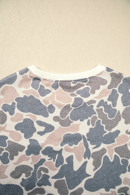 Beige Botanical Camo Print Long Sleeve Pocket Mini Dress