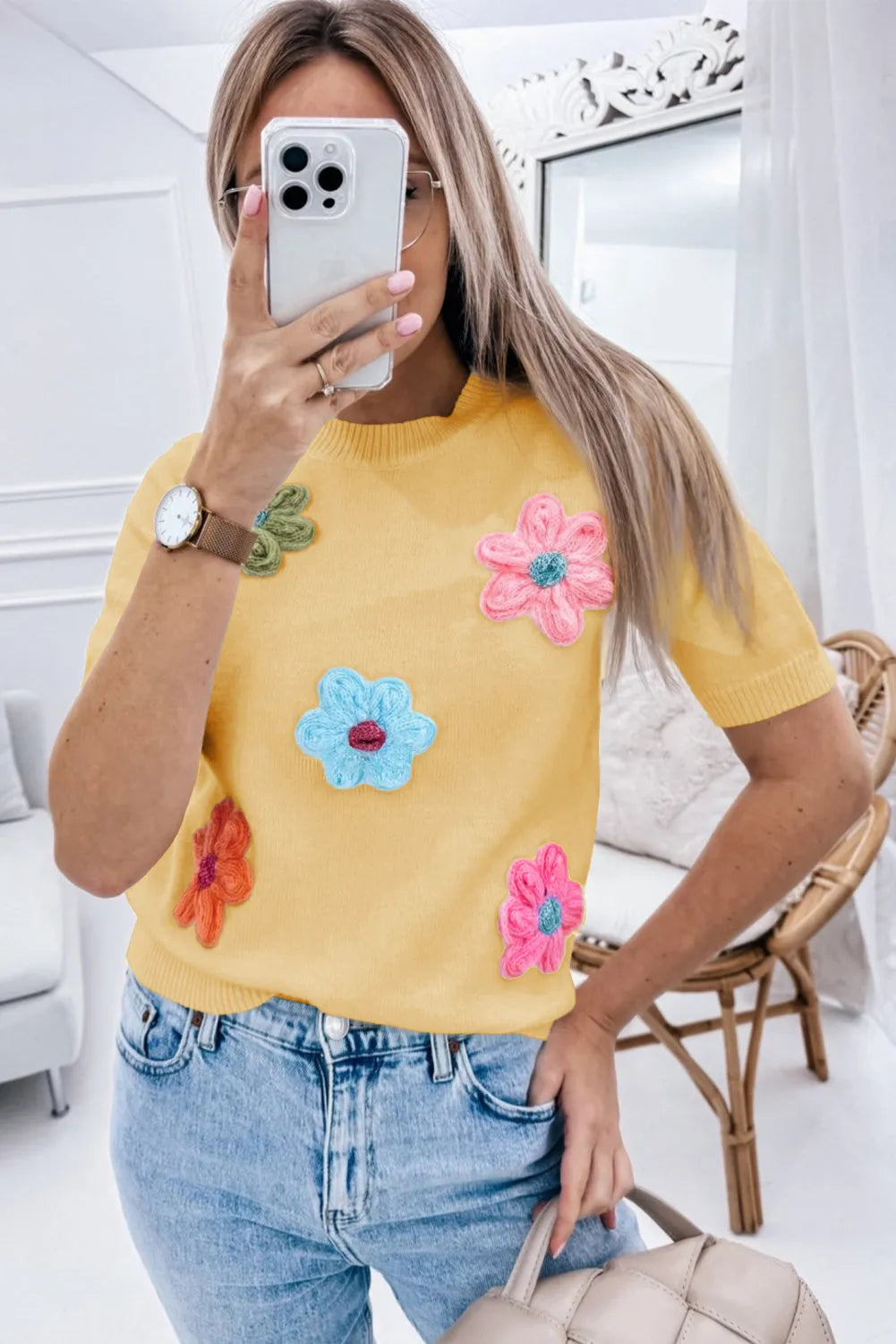 Yellow Cream Cute Flower Applique Short Sleeve Sweater - Chic Meadow Boutique 