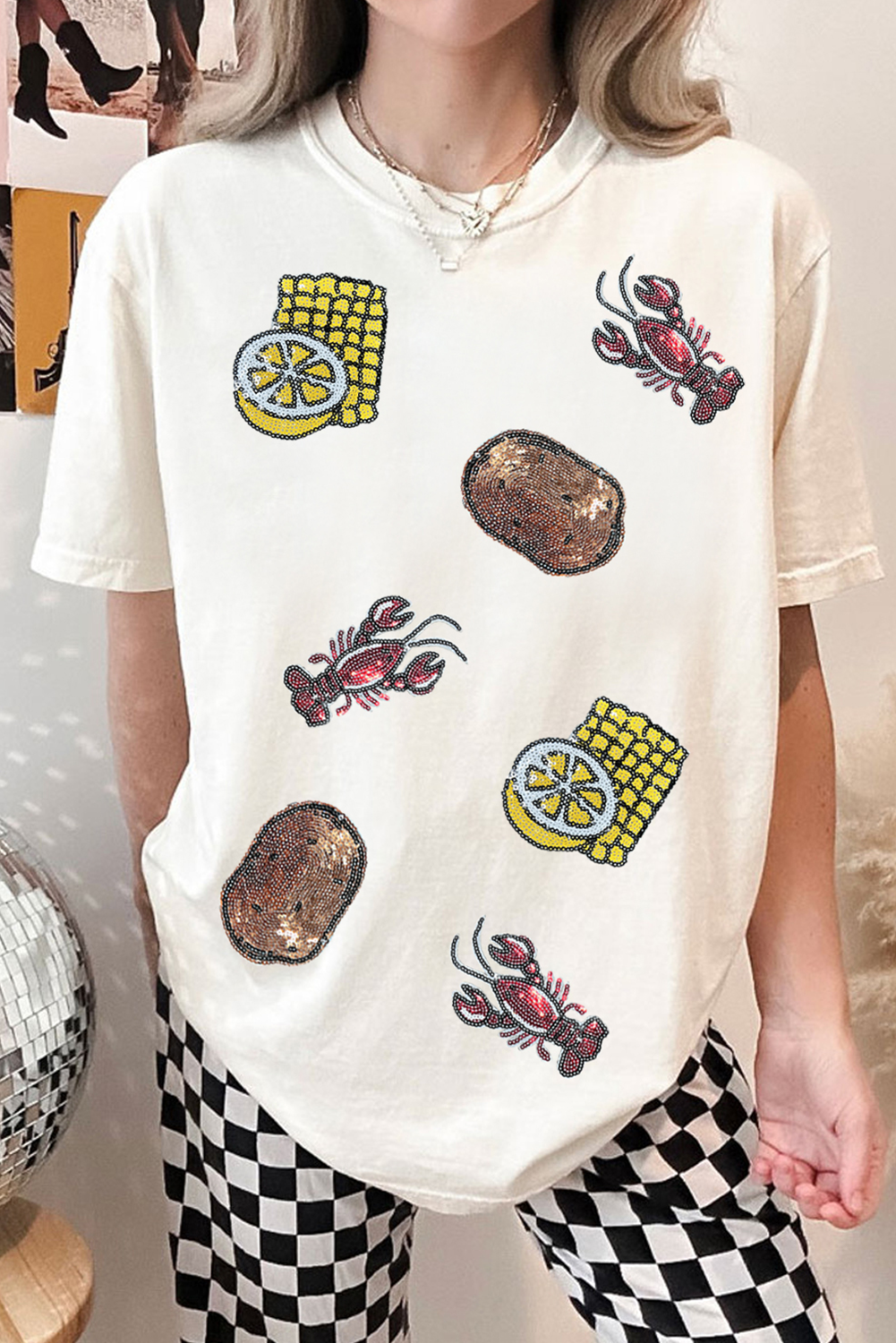 White Sequin Crawfish Potato Lemon Corn Graphic Crewneck T Shirt