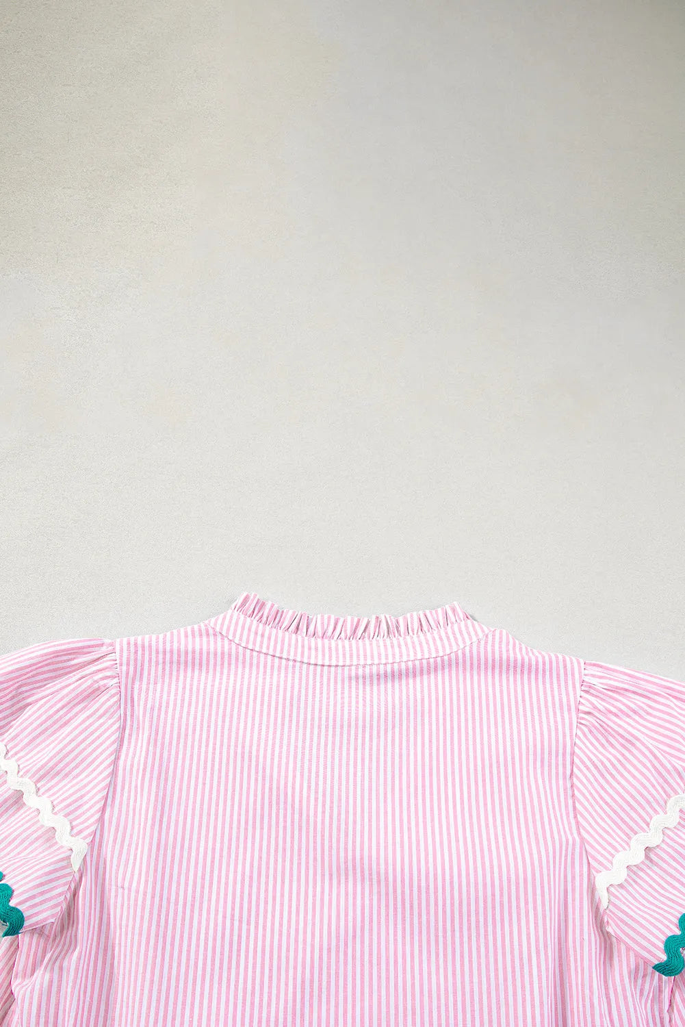 Pink Stripe Ricrac Trim Split Neck Striped Ruffled Sleeve Blouse - Chic Meadow Boutique 