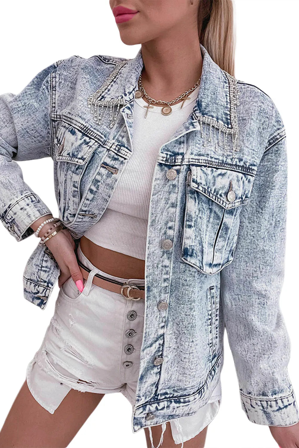 Mist Blue Retro Rhinestone Fringed Collar Light Wash Denim Jacket - Chic Meadow Boutique 