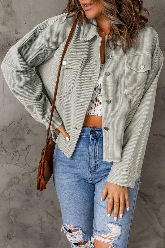 Sky Blue Raw Hem Flap Pockets Cropped Corduroy Jacket - Chic Meadow Boutique 