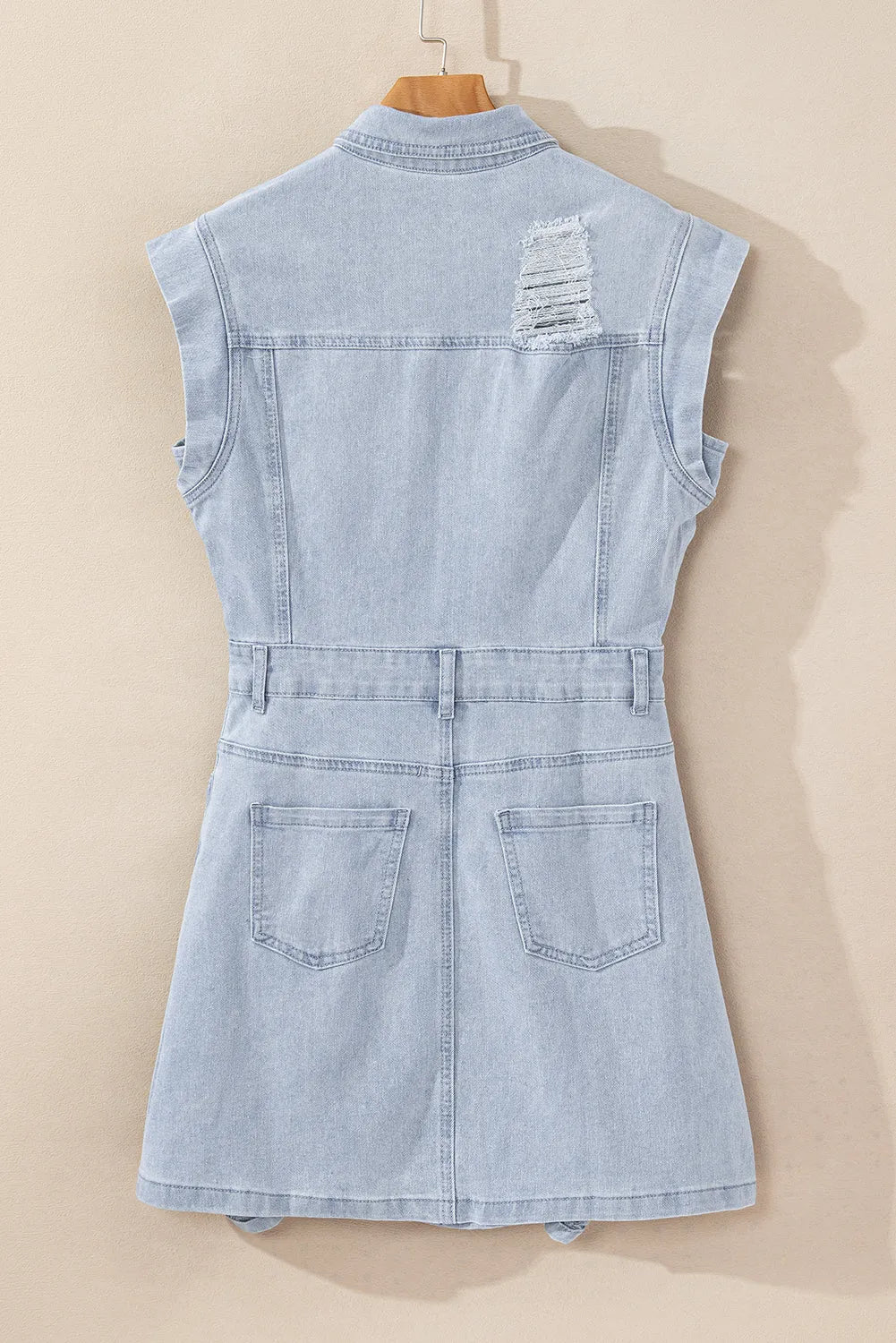 Light Blue Acid Wash Flap Pockets Frayed Denim Dress - Chic Meadow Boutique 