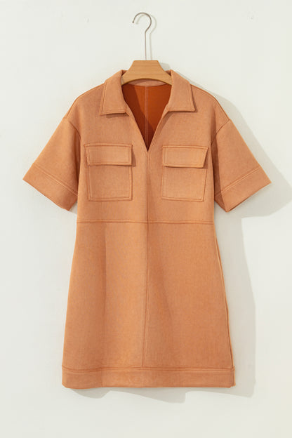 Thai Curry Collared V Neck Faux Suede Short Sleeve Shift Mini Dress