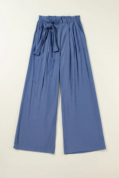 Wild Wind Belted Frilly Waist Wide Leg Loose Pants - Chic Meadow Boutique 