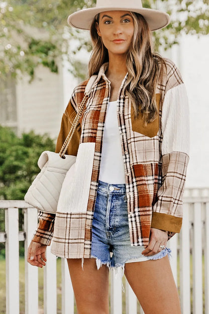 Orange Plaid Color Block Patchwork Shirt Jacket with Pocket - Chic Meadow Boutique 