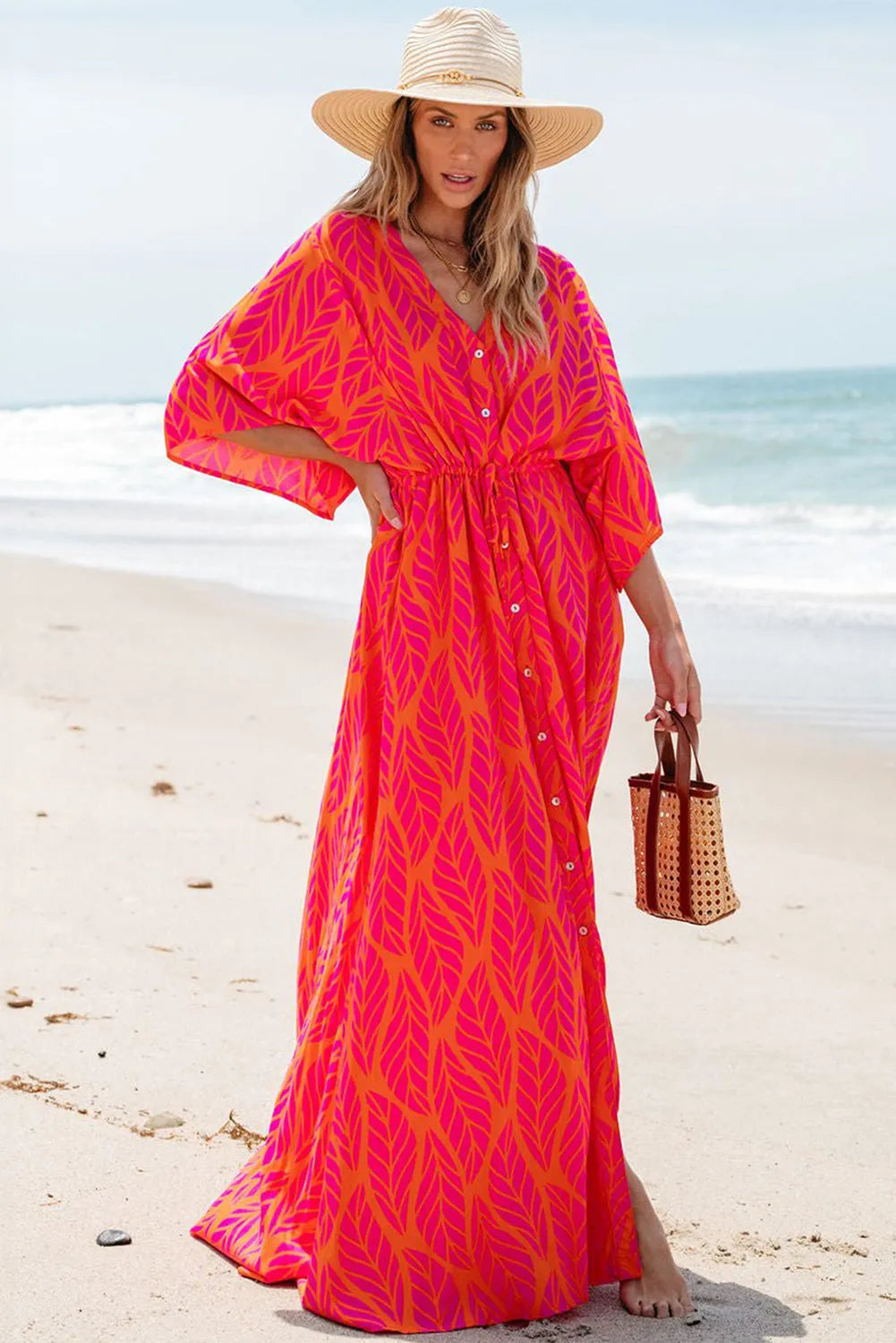 Orange Leafy Print 3/4 Sleeve V Neck Buttoned Split Maxi Dress - Chic Meadow Boutique 