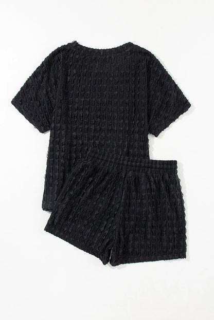 Black Frill Textured Short Sleeve Top and Drawstring Shorts Set - Chic Meadow Boutique 