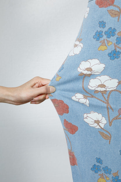 Sky Blue Floral Printed Raw Hem Shift Jeans