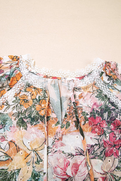 Pink Floral Print Lace Embroidery Tie Split Neck Long Sleeve Blouse