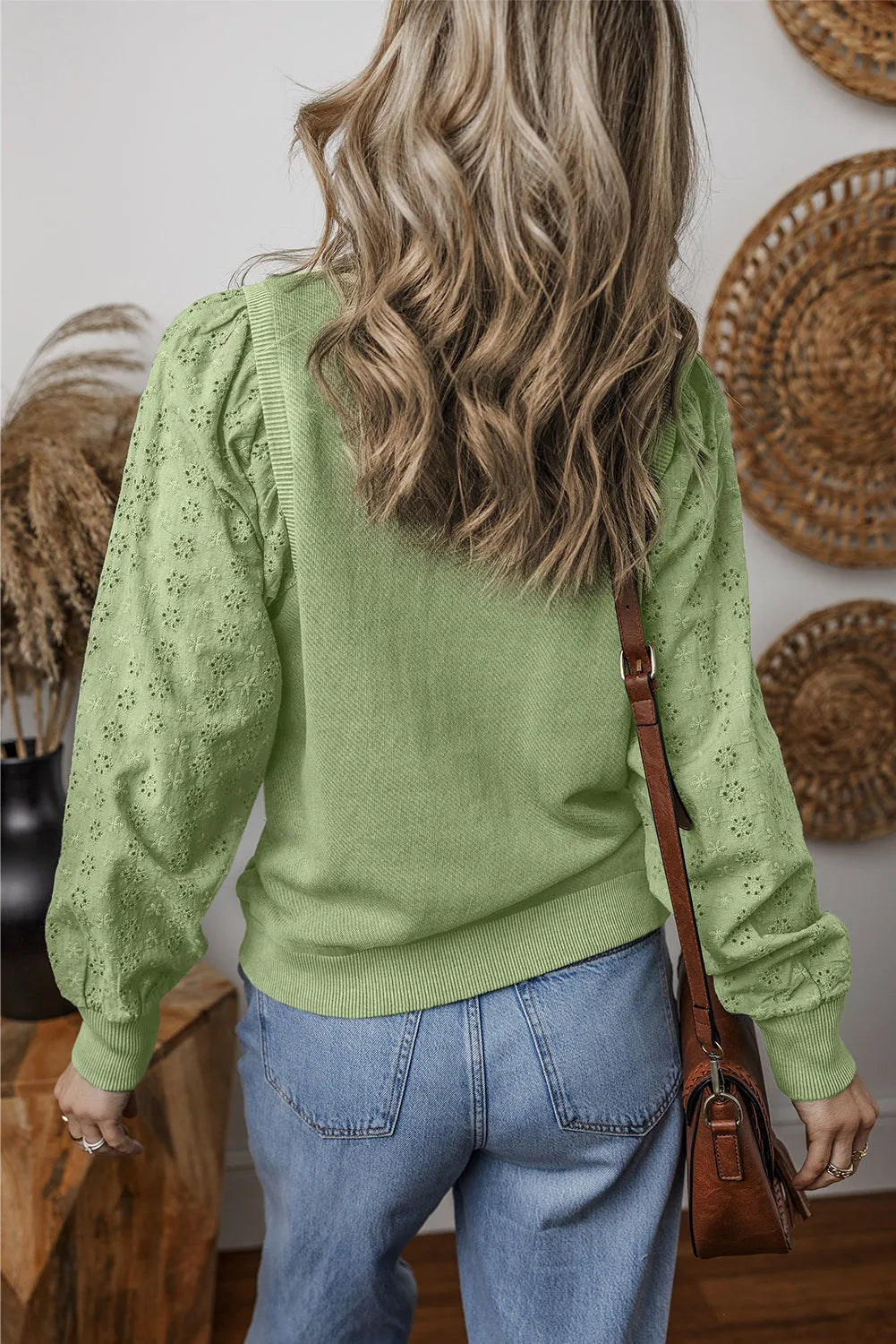 Mist Green Solid Patchwork Sleeve Round Neck Sweatshirt - Chic Meadow Boutique 