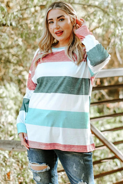 Plus Size/Plus Size Tops/Plus Size Long Sleeve Tops Green Plus Size Colorblock Pullover Top