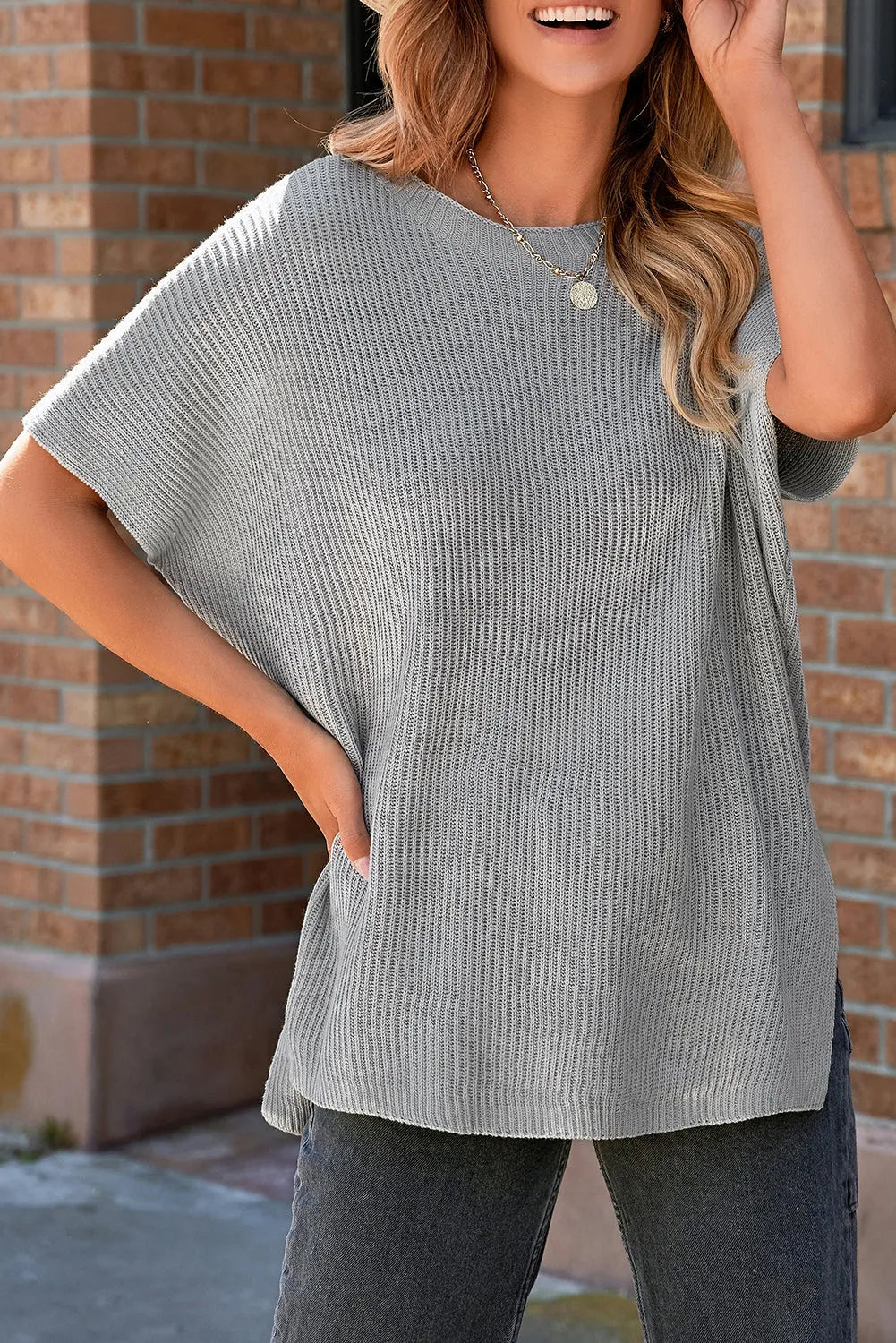 Gray Short Sleeve Side Slit Oversized Sweater - Chic Meadow Boutique 