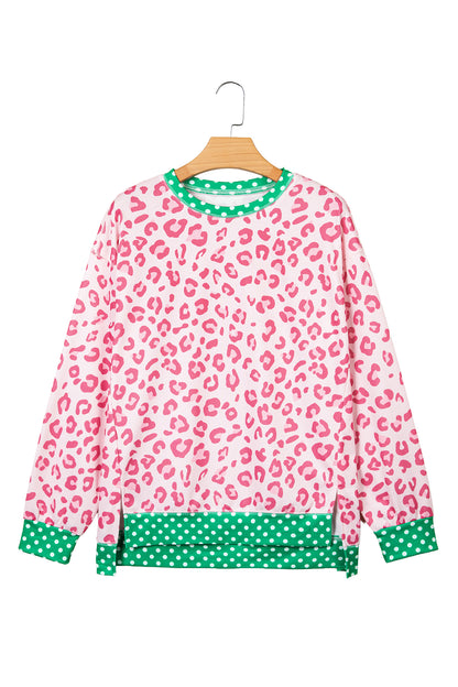 Pink Leopard Polka Dot Colorblock Trim Long Sleeve Top
