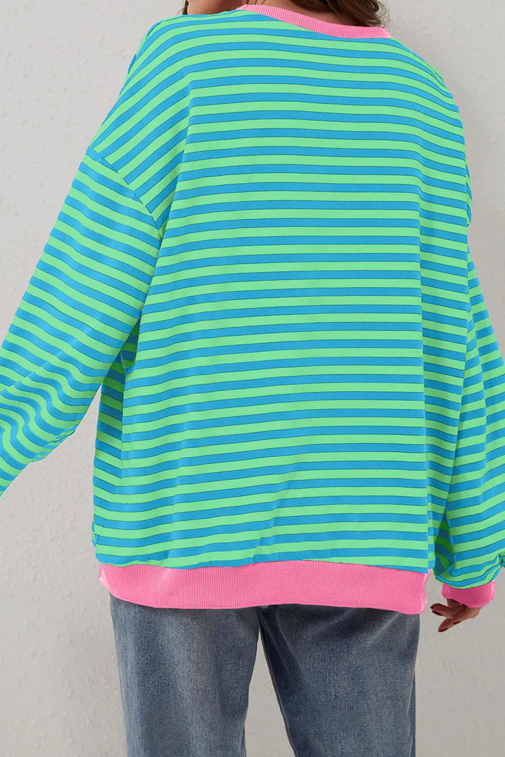 Sky Blue Stripe Oversized Contrast Trim Pullover Sweatshirt - Chic Meadow Boutique 