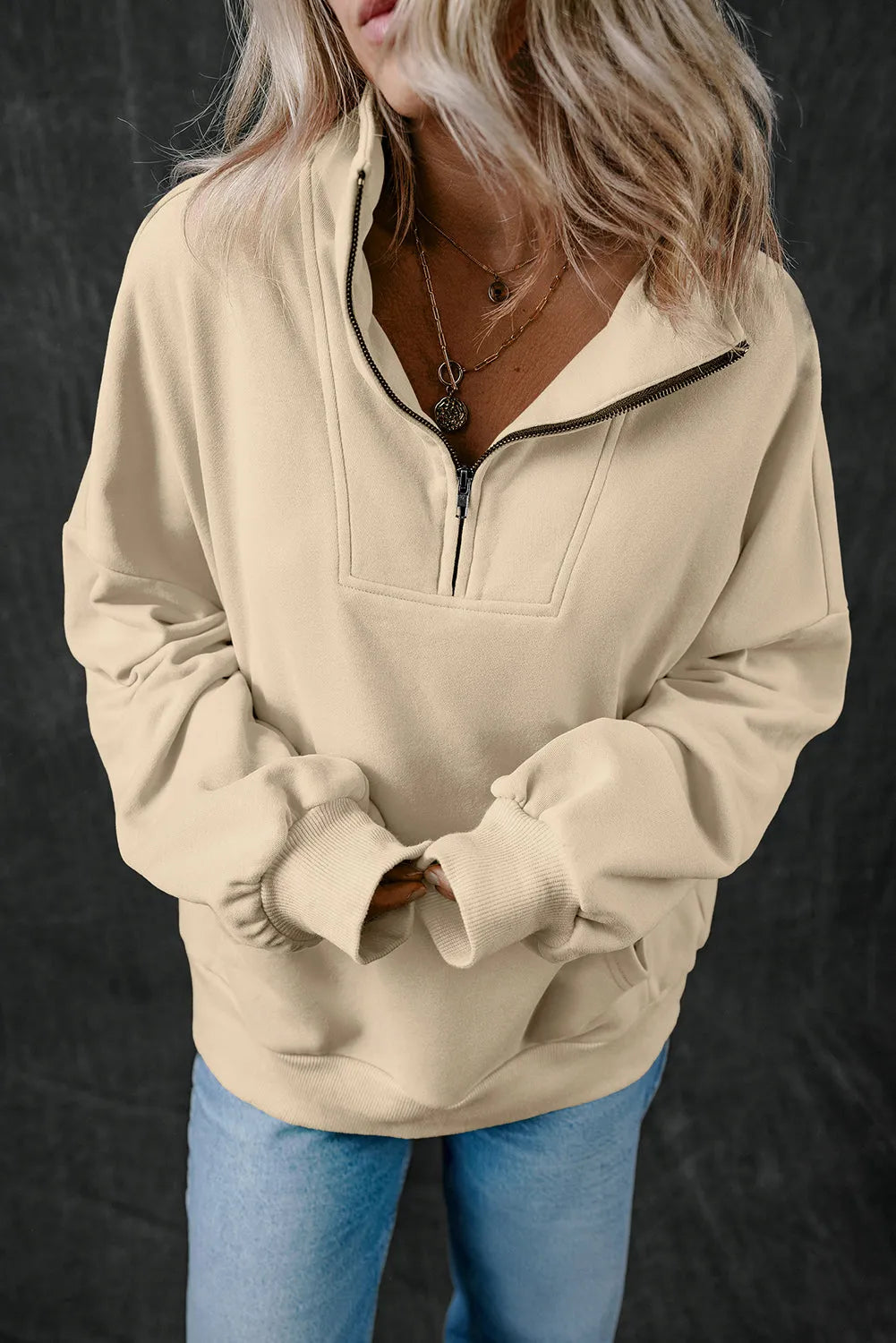 Smoke Gray Zip-up Stand Neck Kangaroo Pocket Sweatshirt - Chic Meadow Boutique 