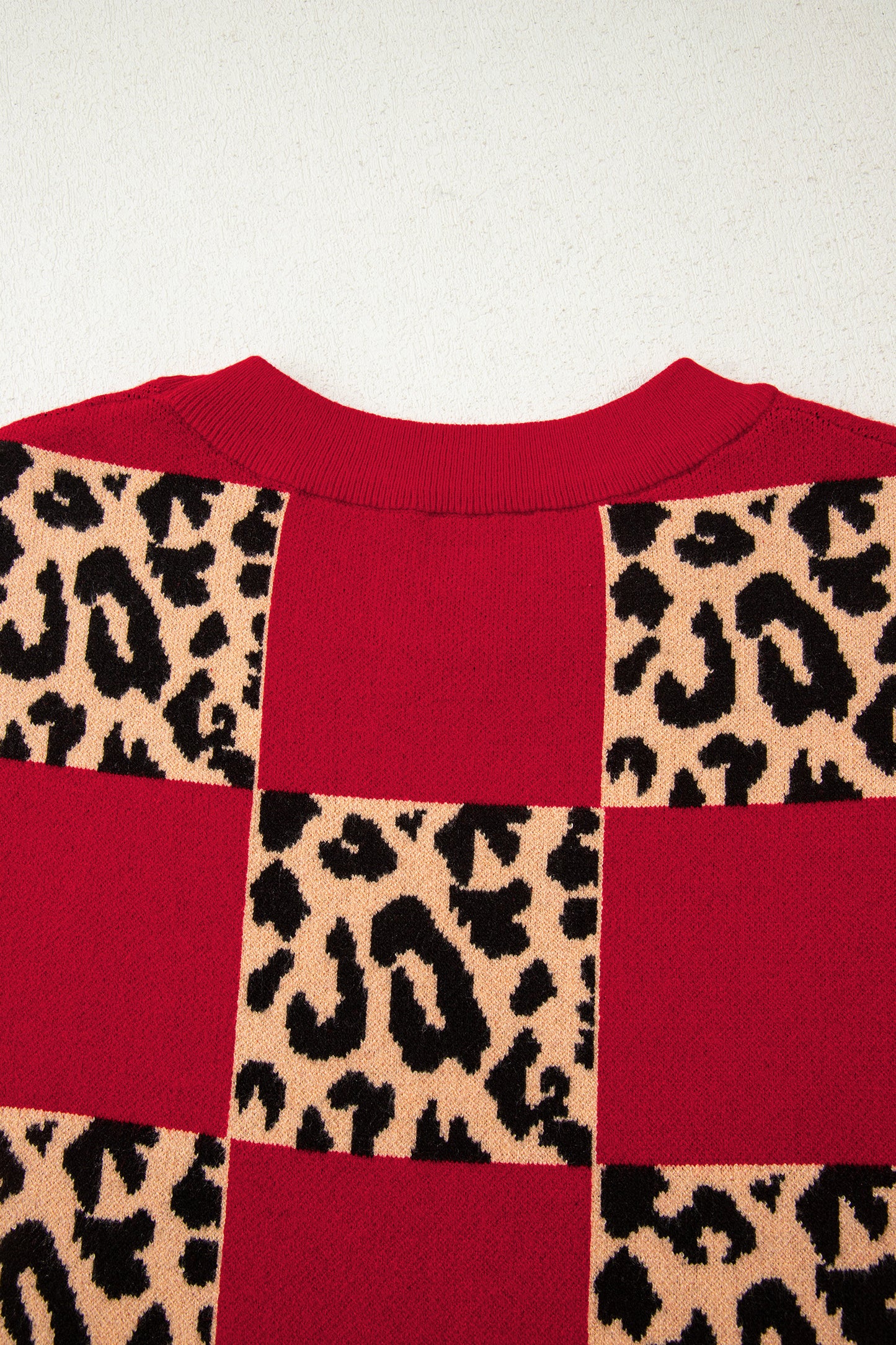 Red Leopard Checkerboard Short Sleeve Knit Sweater