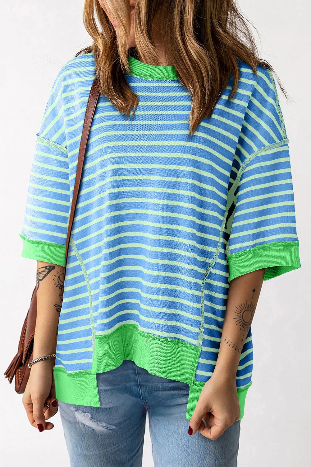 Sky Blue Stripe Oversized Contrast Trim Exposed Seam High Low T Shirt - Chic Meadow Boutique 