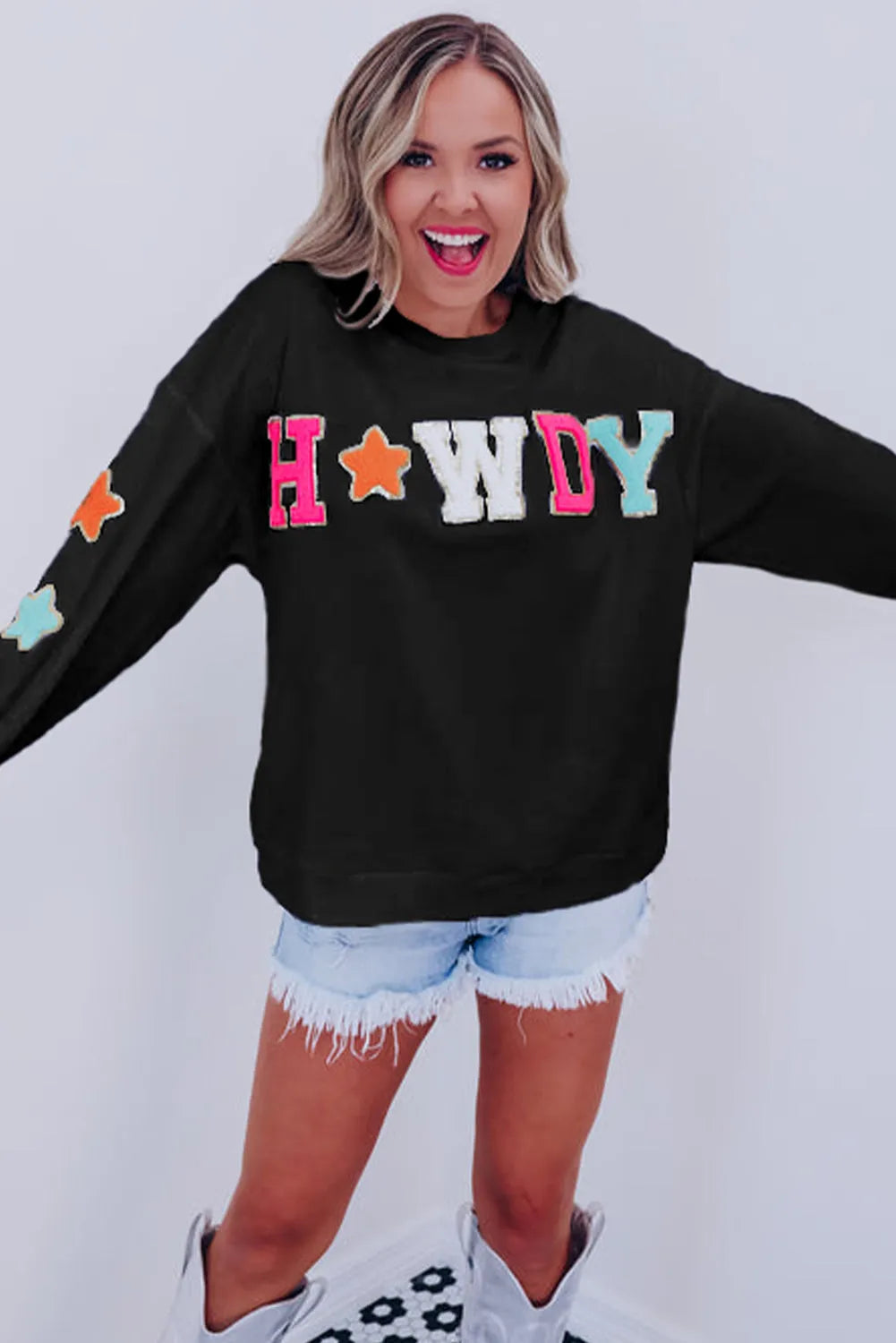 Black Howdy Glitter Chenille Patch Graphic Casual Sweatshirt - Chic Meadow Boutique 