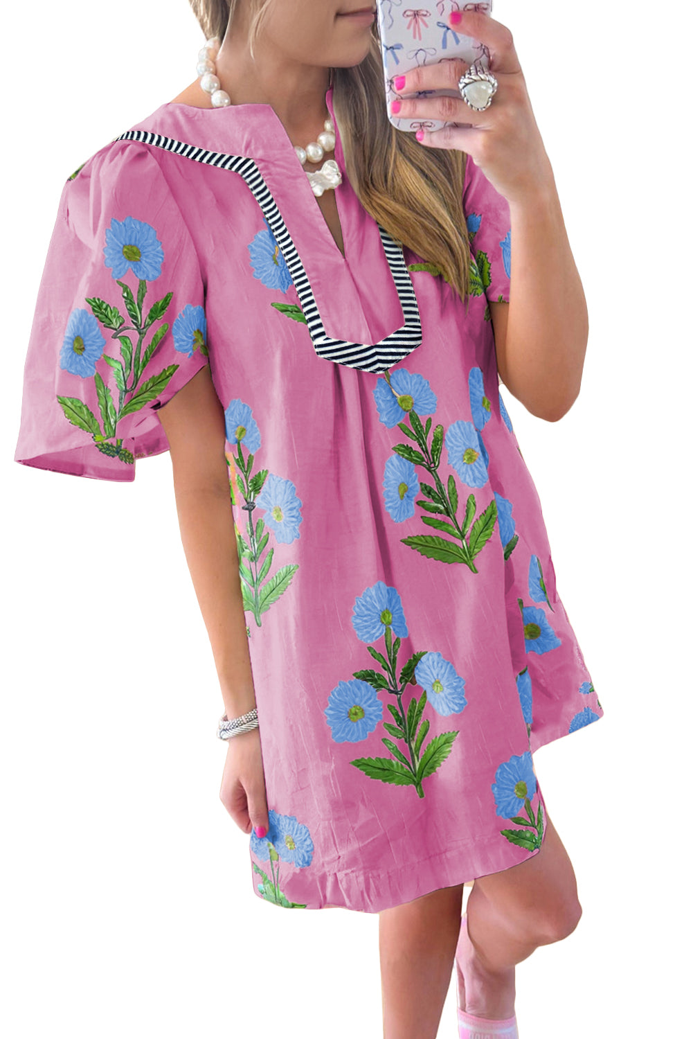 Rose Floral Short Sleeve Split Neck Loose Mini Dress