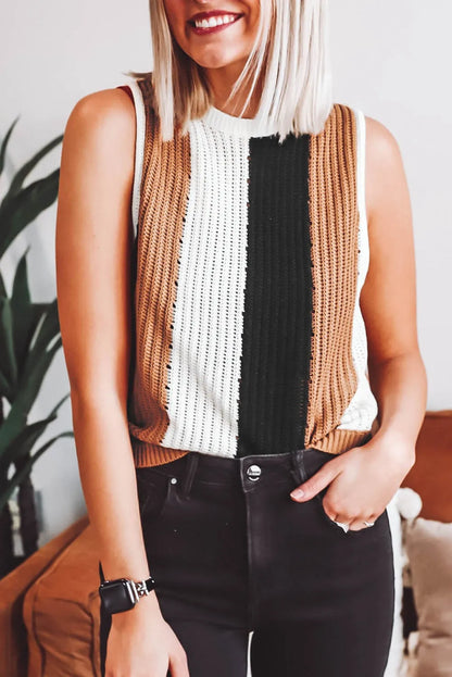 Khaki Stripe Color Block Sleeveless Knitted Sweater Vest - Chic Meadow Boutique 