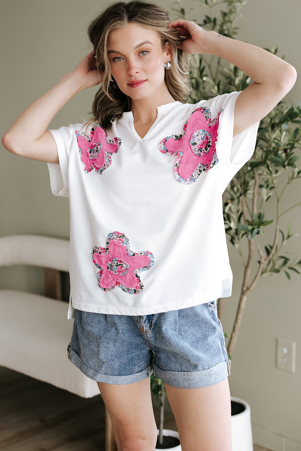 White Floral Applique Notched V Neck Dolman Sleeve Top