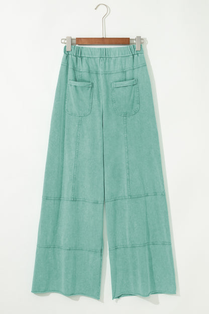 Mint Green Mineral Wash Exposed Seam Drawstring High Waist Wide Leg Cargo Pants
