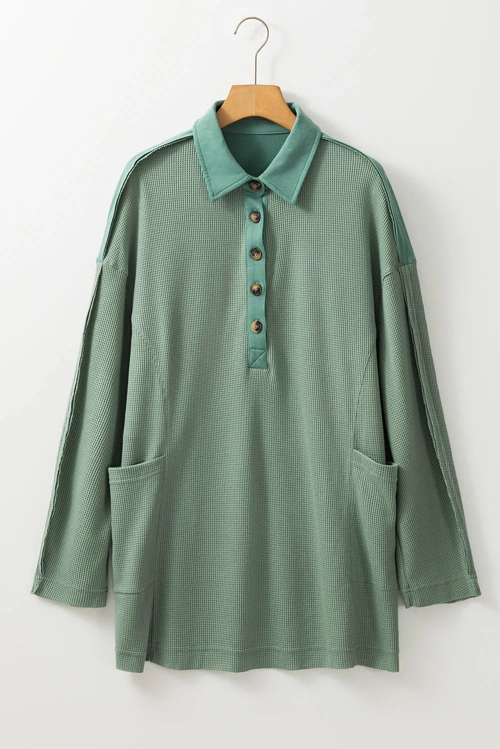 Smoke Green Waffle Long Sleeve Collar Half Button Loose Top - Chic Meadow Boutique 