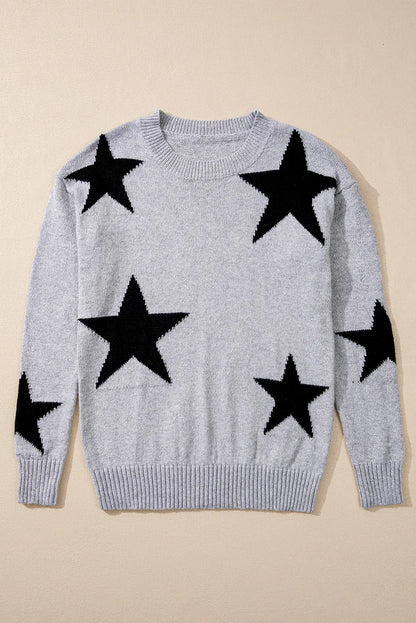 Gray Star Pattern Drop Shoulder Sweater - Chic Meadow Boutique 