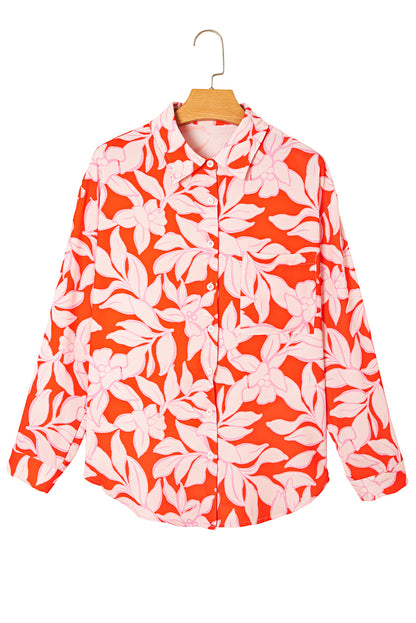 Orange Botanical Print Single Chest Pocket Button Up Shirt