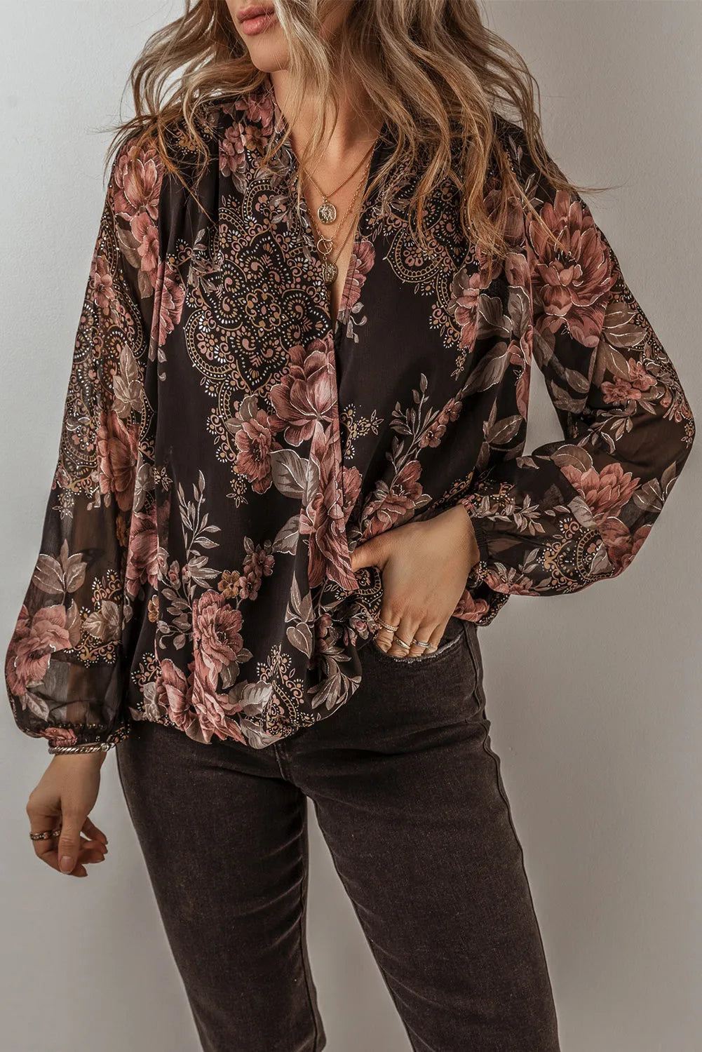 Black Floral Print Criss Cross V Neck Balloon Sleeve Blouse - Chic Meadow Boutique 