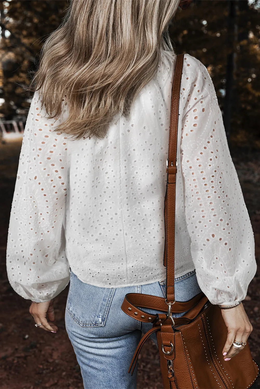 White Eyelet Embroidered V Neck Puff Sleeve Blouse - Chic Meadow Boutique 