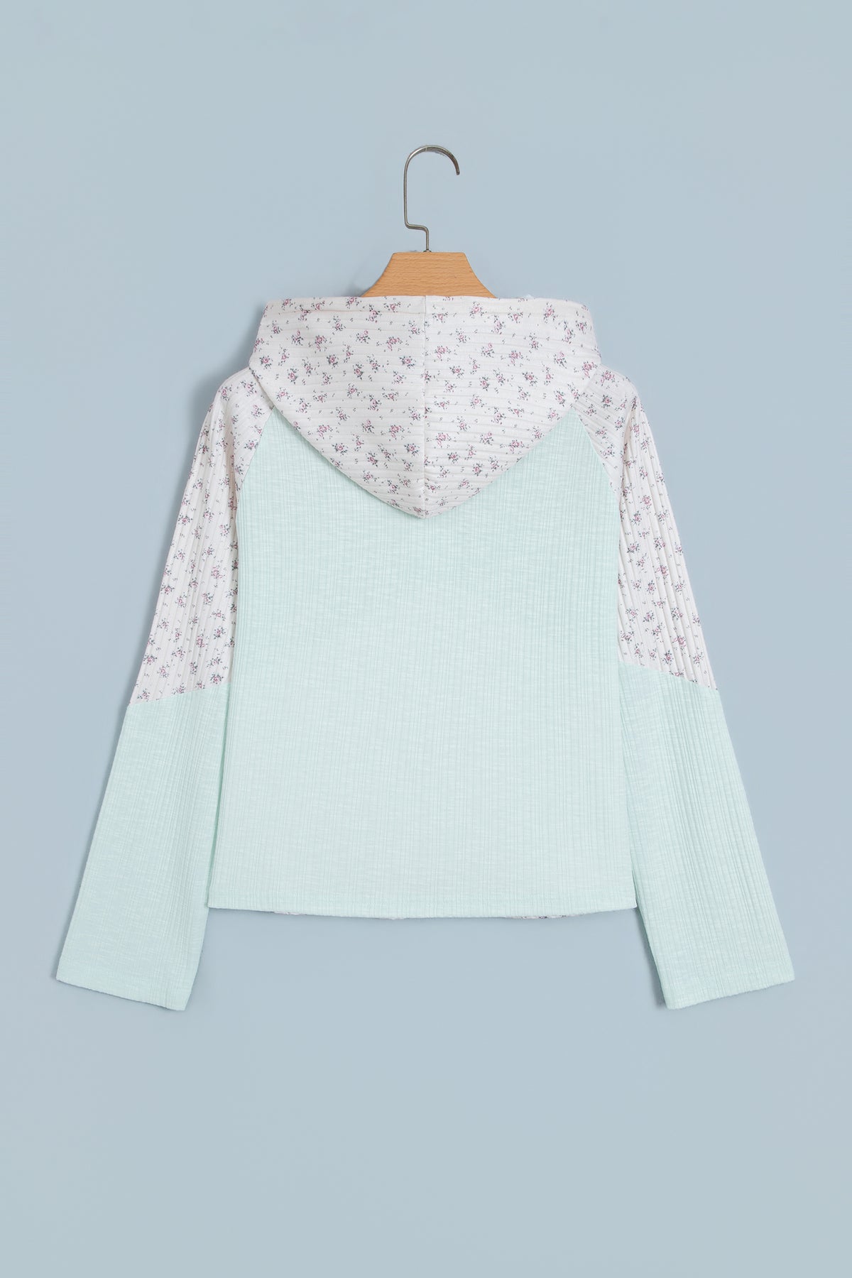 Clearly Aqua Textured Floral Patchwork Button Hooded Long Sleeve Top