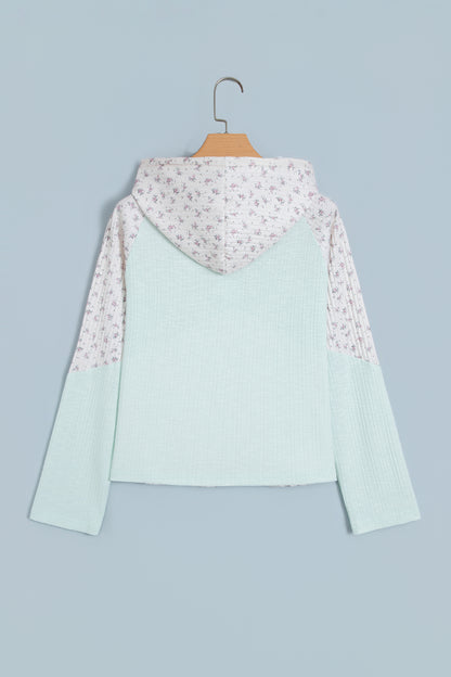 Clearly Aqua Textured Floral Patchwork Button Hooded Long Sleeve Top